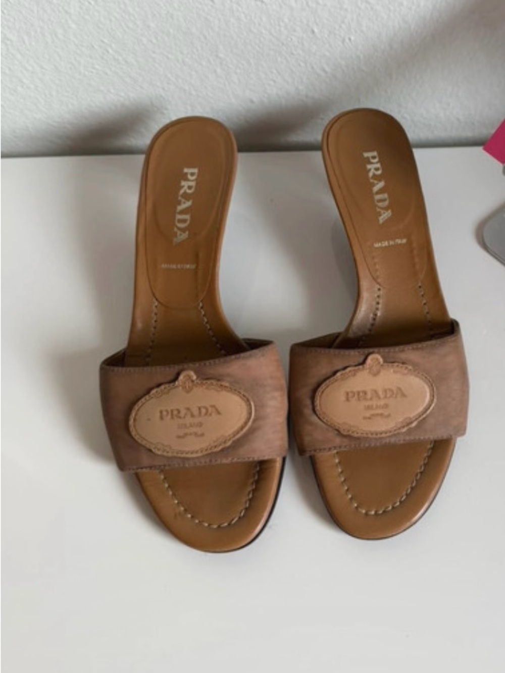 Prada Tan Suede Slide Mules with Embossed Logo